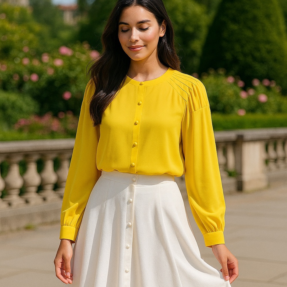 SIMON CHANG | Yellow Blouse with Pleated Details - Picture 5 of 14